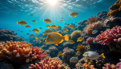Naklejka premium Title: Vibrant Coral Reef with Colorful Fish in Clear Blue Ocean, Underwater Marine Ecosystem