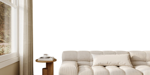 Zoom-in sofa and wooden table with decorative vase – transparent wall cutout – 3D render