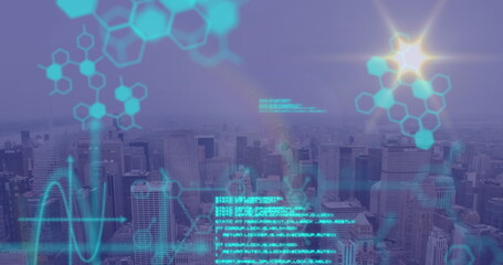 Image of data processing over cityscape