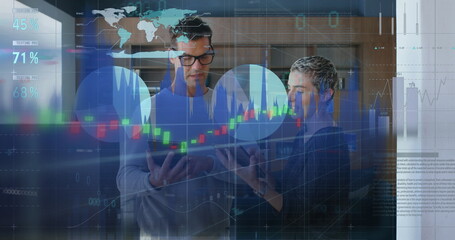 Image of statistics and financial data processing over diverse business people in office