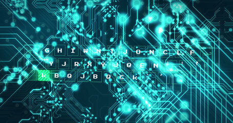 Image of text flickering and computer circuit board with data processing