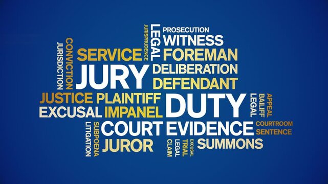 Jury Duty animated word cloud;text design animation tag kinetic typography seamless loop.
