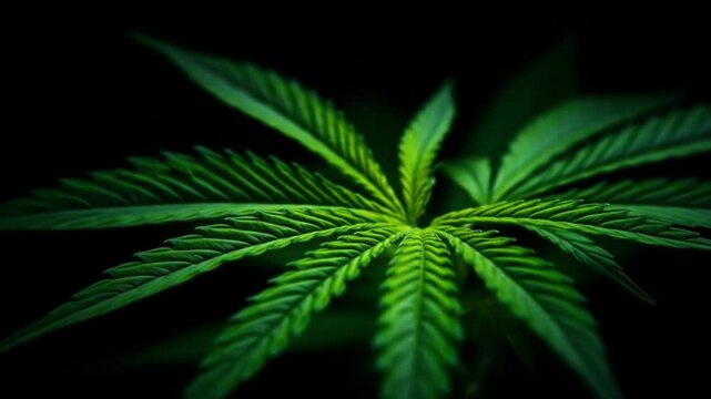 Close up of a vibrant green cannabis plant with detailed leaf structure against a dark background scene