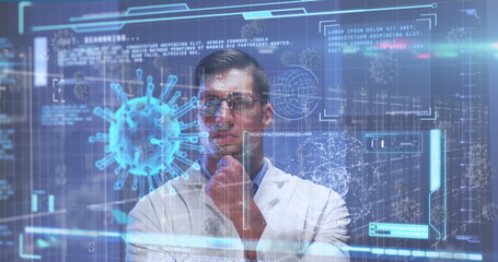 Image of data processing with virus cells over caucasian male doctor