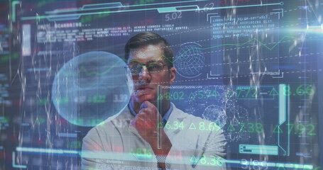 Image of data processing with virus cells over caucasian male doctor