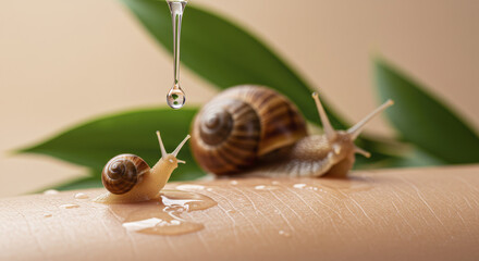 Snail Duo Crawling on Human Skin With Droplet of Snail Mucin Essence