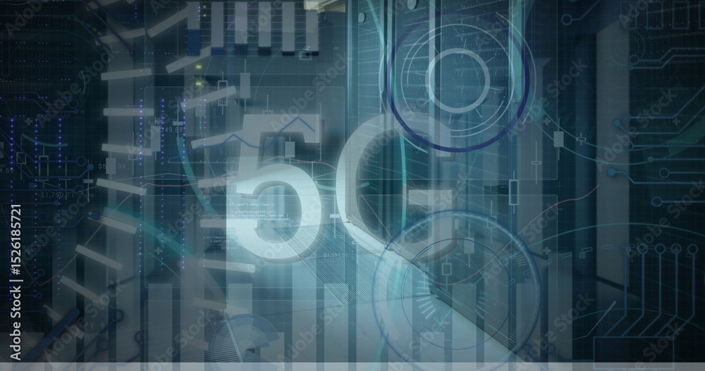 Poster image of 5g text, statistics and data processing over computer servers in background