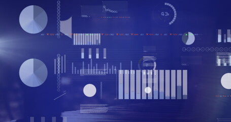 Image of financial data processing over diverse business people walking