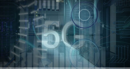 Image of 5g text, statistics and data processing over computer servers in background