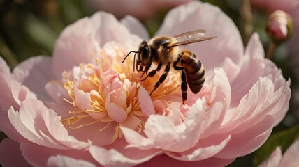 Bee on Blooming Peony Flowers