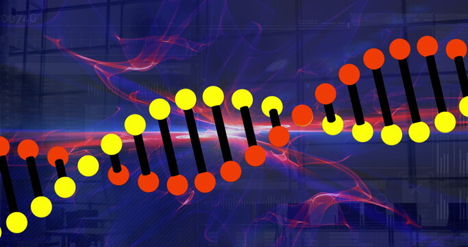 Image of dna strand and light trails over diverse business people at office