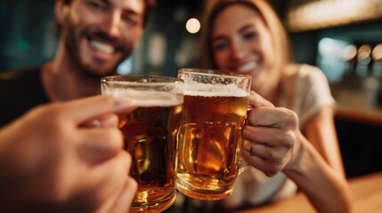 Two Friends Toasting with Beer Mugs in a Bar - Enjoying Good Times and Friendship