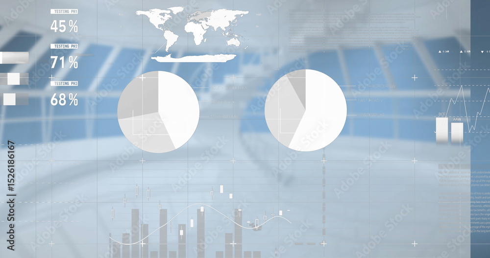 Poster image of statistics and data processing over empty office