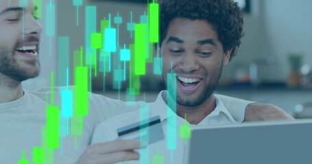 Image of data processing over diverse male couple using laptop