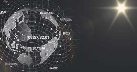 Image of globe with data processing over circles on black background
