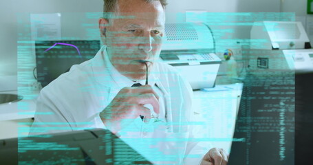 Image of caucasian male doctor over data processing