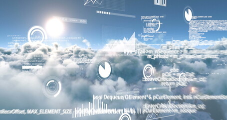 Image of data processing with network of connections and white light over city and sky at night