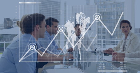 Image of data processing and world map over caucasian business people in office