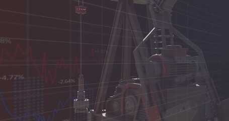 Image of financial data processing with graph over pumpjack on black background