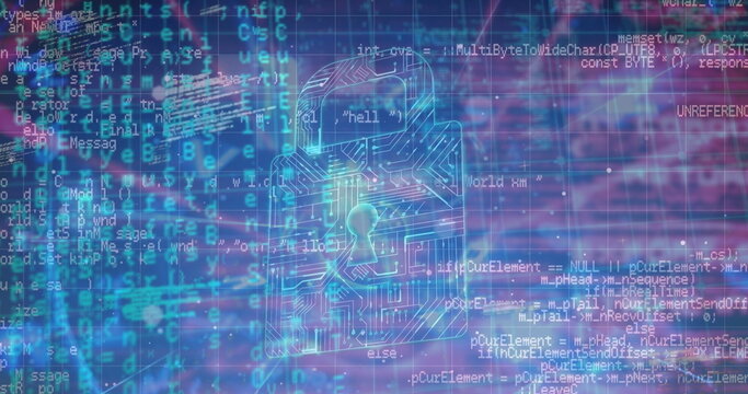 Image of padlock icon over data processing on blue background