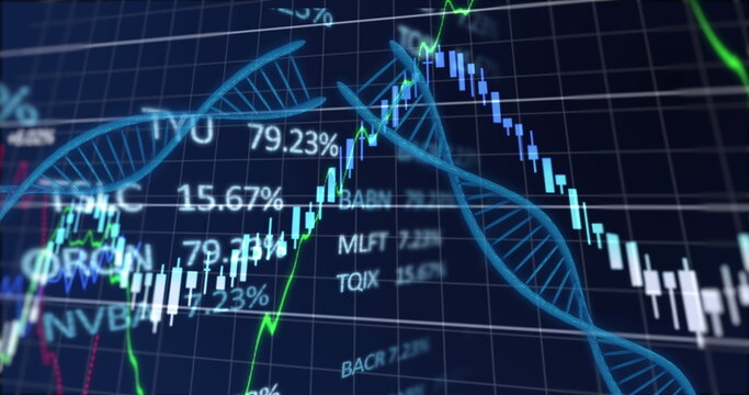 Image of data processing and dna strands on black background