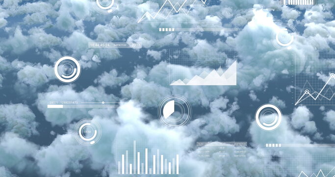 Fototapeta Image of charts and data processing over cloudy blue sky