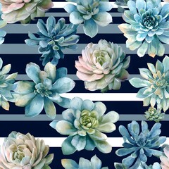 Hand-painted watercolor succulents with navy and white striped background, perfect for home decor, textiles, and modern botanical designs