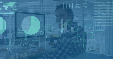 Image of financial data processing over diverse business people