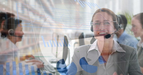 Image of statistics and data processing over businesswoman using phone headset