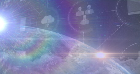 Obraz premium Image of light spot and network of digital icons over globe against blue background