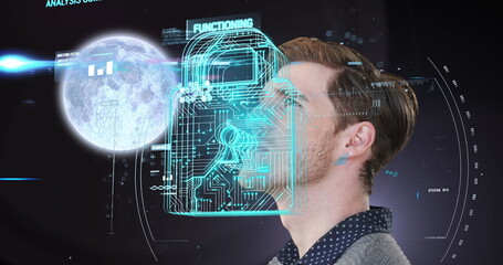Image of data processing over caucasian man and moon