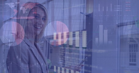 Image of statistical data processing over caucasian businesswoman using smartphone at office