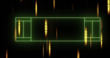 Image of neon stadium over light trails on black background