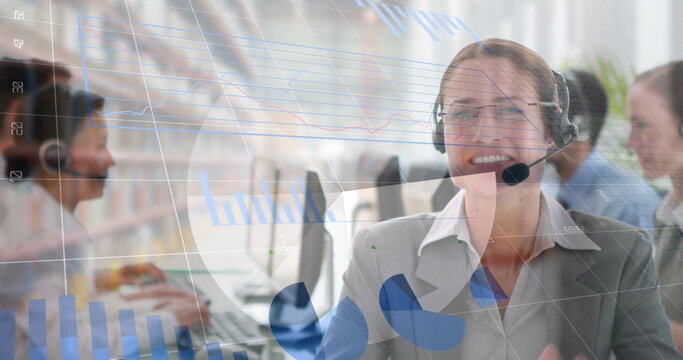 Image of statistics and data processing over businesswoman using phone headset