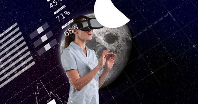 Image of data processing over caucasian woman using vr headset