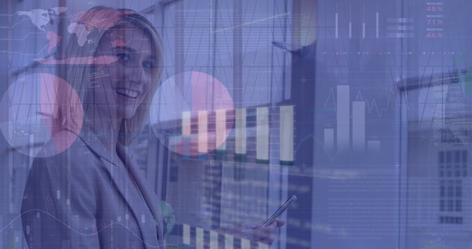 Image of statistical data processing over caucasian businesswoman using smartphone at office