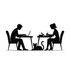 Silhouette of a Couple Working from Home with Their Cat