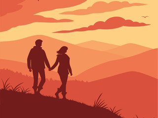 Romantic silhouette couple walking hand in hand on hillside enjoying a sunset landscape view