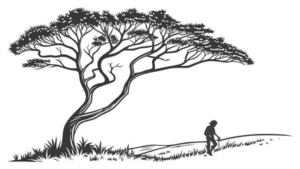 Fototapeta premium Silhouette of a lone person hiking near a large tree on a grassy hill with clean line art.