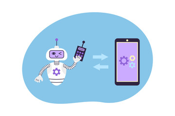 Cute robot controls smartphone with remote control. Remote control and technical support concept. Isolated vector illustration.