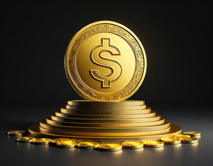 Golden dollar coin on top of a stairway