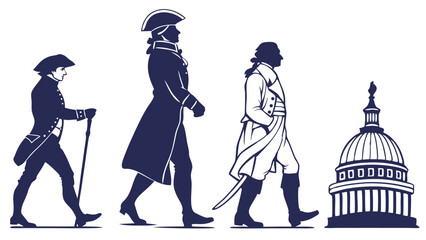 Silhouettes of founding fathers walking towards the united states capitol building in a historical vector illustration