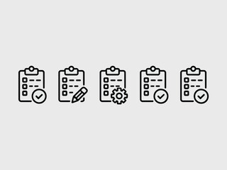 Checklist Icons Set with Check Marks, Pencil, Gear, Line Art on Transparent Background