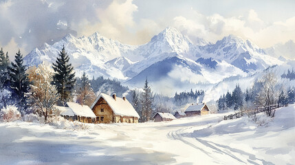 Fototapeta premium serene winter landscape featuring snow covered mountains, cozy cottages, and evergreen trees