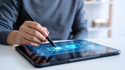 Person in Grey Sweater Using Black Stylus on Digital Tablet Displaying Holographic Blue AI Interface in Modern Workspace