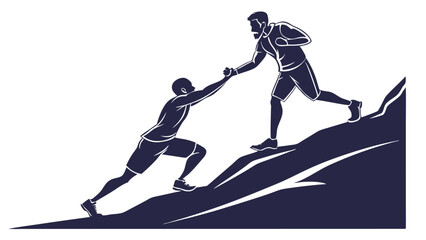 Fototapeta premium Teamwork and support symbolized by two men helping each other climb a mountain successfully