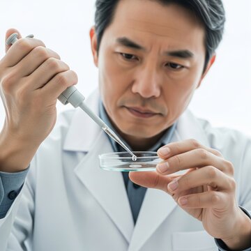 Scientist or chemist with petri dish. A medical or agricultural scientis, chemist or researcher holding a petri dish and pipet with clear fluid. Focus to dish and hands