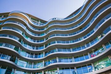 A modern apartment building with wavy pattern, Albion Riverside in Battersea, London, UK