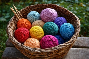 Wicker basket full of colorful yarn balls and wooden knitting needles is displayed. It's perfect for illustrating crafts, hobbies, handmade items or cozy themes.