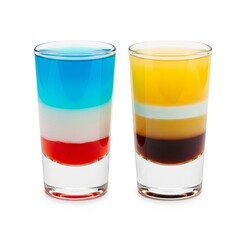 Two shot glasses with layered cocktails isolated on white